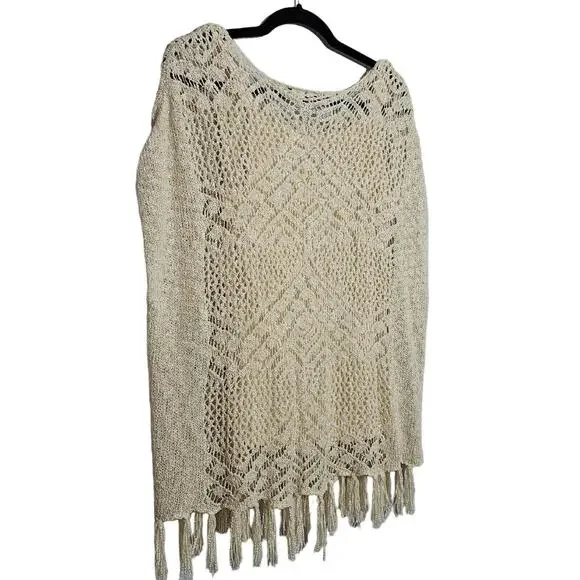One World Womens Size M Cream Bohemian Crochet Fringe Layered Sweater Beach BOHO - Picture 4 of 11